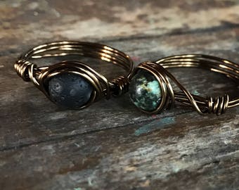 Aromatherapy Ring, Lava Rock Stone, Diffuser Jewelry, Wire Wrapped Ring, Essential Oil, Silver plated, brown, non tarnish wire.