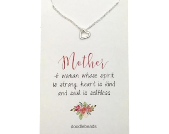 Mom Gift, silver or gold tiny heart frame necklace, tiny floating open heart necklace with card quote, Mother's Day, mother in Law, stepmom