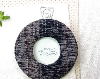 A rustic cloth photo frame. Small round photo frame. 3.5 x 3.5 photo. Used woven cotton Chomthong in Asia. Handmade photo frame. Scuttles Mini Photo frame. Wall Decor. A rustic room ornament. Cute interior. Only one item. Gift.