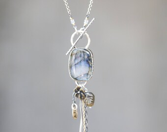 Blue gray Labradorite necklace in brass bezel setting with silver stick and mix gemstone aquamarine on the side on oxidized silver chain