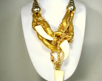 Cream White Talon Pendants w Chunky Gold Bib Chain Necklace, OOAK By Rachelle Starr, Recycled Ecochic