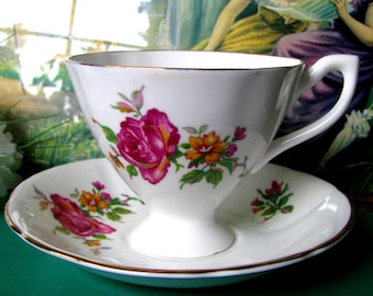 Giftcraft Pink Rose Pedestal Teacup and Saucer Pink and White English Bone China Tea Cup and Saucer, Circa 1960s, Bridal Shower, Tea Party