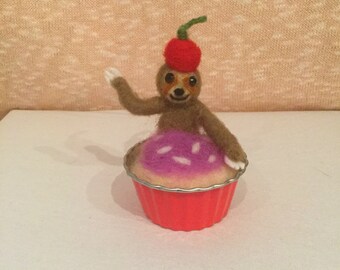 Needle Felt Sloth - Sloth Gift - Sloth in a Cupcake - Felt Animals - Sloth Ornament - Sloth Art - Sloth Plush - Sloth Figurine