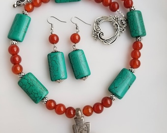 Ethiopian Coptic Cross necklace, Turquoise necklace, Carnelian beads, Ethiopian jewelry, Ethiopian necklace