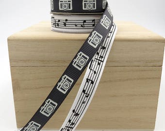 Camera Ribbon. Music Ribbon. Black Ribbon. White Ribbon. Black and White Ribbon. Gift Wrap. Gift Basket Ribbon. Favor Bag Ribbon