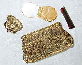 Whiting and Davis Gold Mesh Clutch With Matching Change Purse, Comb and Mirror with Case