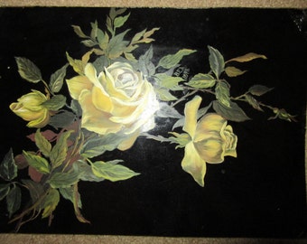 Antique Victorian hand painted original oil PAINTING signed B.E.A. yellow ROSES floral flowers black tin vintage