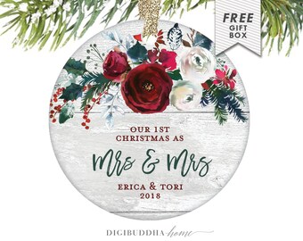 Lesbian Newlywed Christmas Ornament, Just Married Ornament 2018, Gay Couple Personalized Wedding Gift for Lesbian Couple Mrs and Mrs 1st