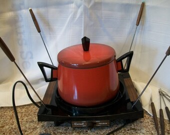 Vintage Cornwall Electric Fondue Pot Flame Orange Red 1970's