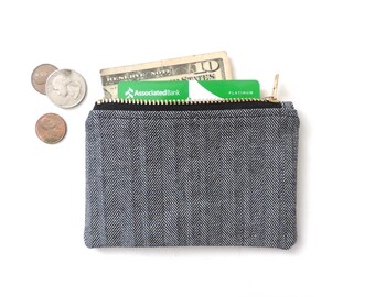 Slim Wallet Coin Purse Zipper Pouch Black Herringbone