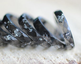 Tibetan Quartz Resin Ring Faceted stacking ring with silver flakes inside, stackable ring, black ring, silver flakes ring, resin