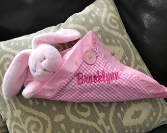 Personalized Pink Sleepy Bunny Plush in Blanky