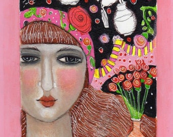mixed media illustration painting girl woman whimsical flowers paper fancy girl perfume original modern folk art paper