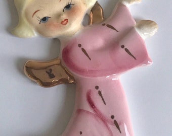 Vintage Christmas tree ornaments pink Yona angel chrub ceramic glazed pink gold halo holiday decor