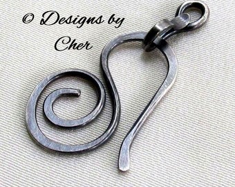 Oxidized Sterling Silver Clasp (16 gauge) Hammered Swirl Hook & Connector 2pc Handmade Metalwork Jewelry Component MTO