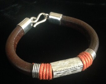 Silver 950 Men's Bracelet Cuff-Men's leather bracelet-Genuine leather bracelet with silver Carved Applique and plated wire.