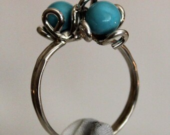 Sterling Silver .925 Two Flower Ring Turquoise. FREE SHIPPING.