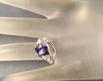 Silver Ring with Multi Colored Blue Stone, Wire Wrapped One of a Kind Ring, U.S. Ring Size 9.25 Previously 15 Dollars ON SALE