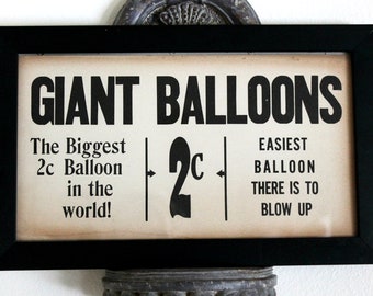 vintage advertising sign, Giant Balloons 2 cents, store display, cardboard sign, game room decor, vintage advertising, vintage store sign