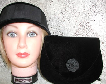 Black Velvet Hat and Black Velvet Purse...Vintage Hat and Purse
