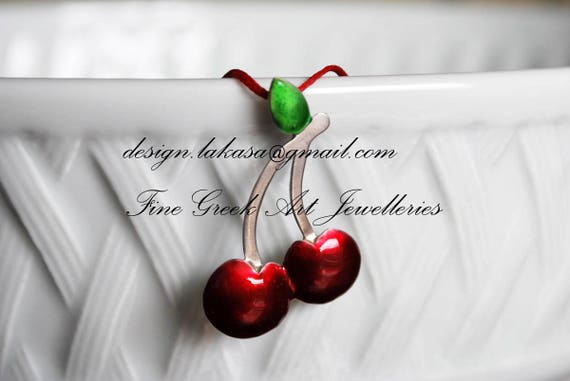 Red Enamel Cherries Necklace Sterling Silver Handmade Jewelry Fruit Juicy Girl Summer Collection Moda Pretty Woman Idea Mediterranean Greece