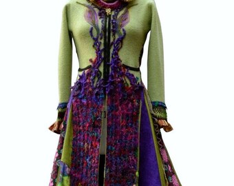 Boho long Sweater COAT, fantasy wearable art, refashioned clothing, up cycled one of a kind Eco-Couture. Size Medium. Ready to ship