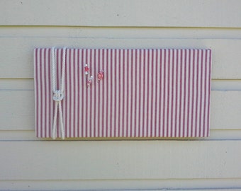 Linen Ticking Pin Board, Red and White striped Bulletin Board with cotton rope detailing, memo or message board nautical design