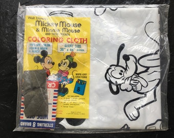 Vintage 1974 Mickey & Minnie Mouse Wipe-Off Coloring Cloth in Original Package // 36x44" > washable crayons > Unopened, 1970s