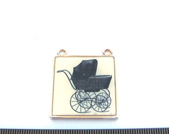 Silver Metal Frame, Vintage Baby Stroller Graphic 30mm x 30mm SquareTwo loops Pendant, 1003-25