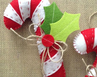 Candy Cane Ornaments / Christmas Tree Ornaments / Peppermint Candy Cane Felt Ornaments / Xmas Peppermint Candy Cane Xmas Decor / set of 2