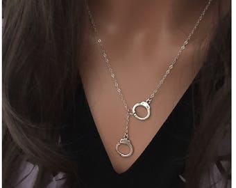 Sterling Silver Handcuff Necklace - Lariat Handcuff Necklace - Partners in Crime Jewelry - Hand Cuff Pendant Necklace - Police Girlfriend