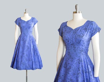Vintage 1950s Dress | 50s Novelty Print Cotton Circle Skirt Blue Steamboat Trains Horses Day Dress (medium)