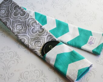 Reversible Camera Strap Cover with Lens Cap Pocket - Moroccan Gray and Turquoise Chevron - MADE TO ORDER