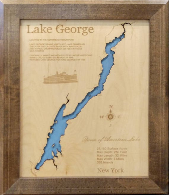 Wood Laser Cut Map of Lake George New York Topographical