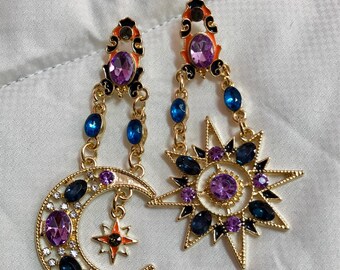 Sun & Moon Chandelier Pendant Earrings - Boho Style
