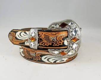 Womens Western Leather Belt - Womens Western Belt - Womens Leather Belt - Painted Leather Belt - Cowgirl Belt - Bling Belt - Belt for Women