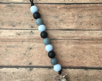 Teething Pacifier Clip - baby blue, grey, black