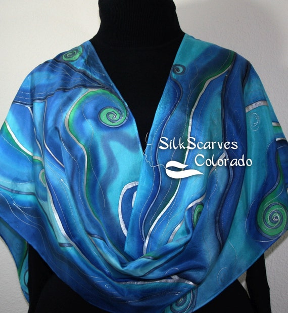 Silk Scarf Hand Painted Cobalt Blue Navy Green Hand Dyed Silk