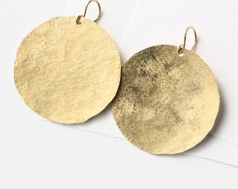 Gold Disc Earrings, Raw silk texture dangle earrings, large geometric earrings, minimalist earrings, circle earrings handmade gift for her,