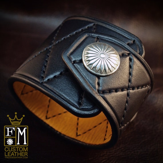 Black Leather Cuff Custom Quilted harlequin Handstitched Luxury wristwear made for YOU in USA by Freddie Matara