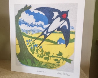 Summer - artist card from original linocut print