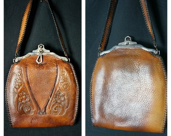 c.1921-25 Jemco Deco Tooled Leather Purse EXCELLENT Condition / Art Deco Art Nouveau Locking Jemco Purse / Edwardian Leather Tooled Handbag