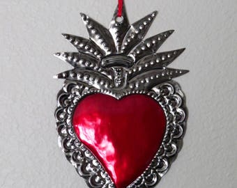 LG Sacred Heart Mexican Tin Ornament- Perfect for the one you love- 8"