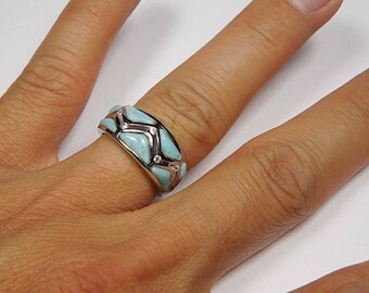 High Quality Genuine AAA Dominican Larimar Inlay 925 Sterling Silver Ring size 6,7,8,9