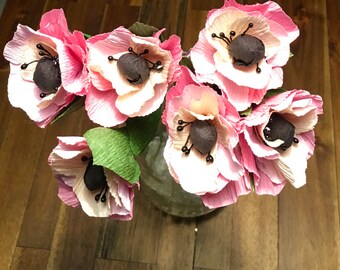 6 Handmade, Long Stem, Pink Crepe Paper Flowers
