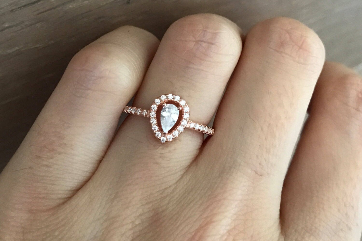 Small Rose Gold Promise Ring Pear Shape Engagement Ring Halo Wedding
