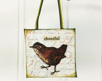 Cheerful Bird Ornament, Whimsical Brown Wren Word Art Mini Wall Hanging