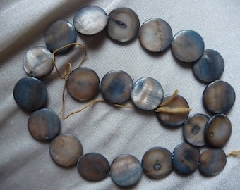 Beads, Mother of Pearl, 18mm Flat Round Coin, Shades of Gray. Sold per 15 inch strand. There are 22 beads on the strand.