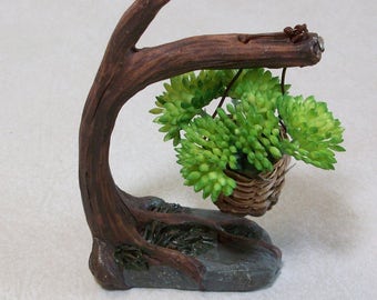 Hanging planter on a tree limb: miniatures fairy garden, gnome or terrariums