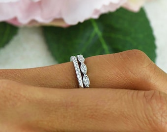 Art Deco Wedding Band and Half Eternity Band, Thin Stacking Ring Set, Small Engagement Ring, Man Made Diamond Simulants, Sterling Silver